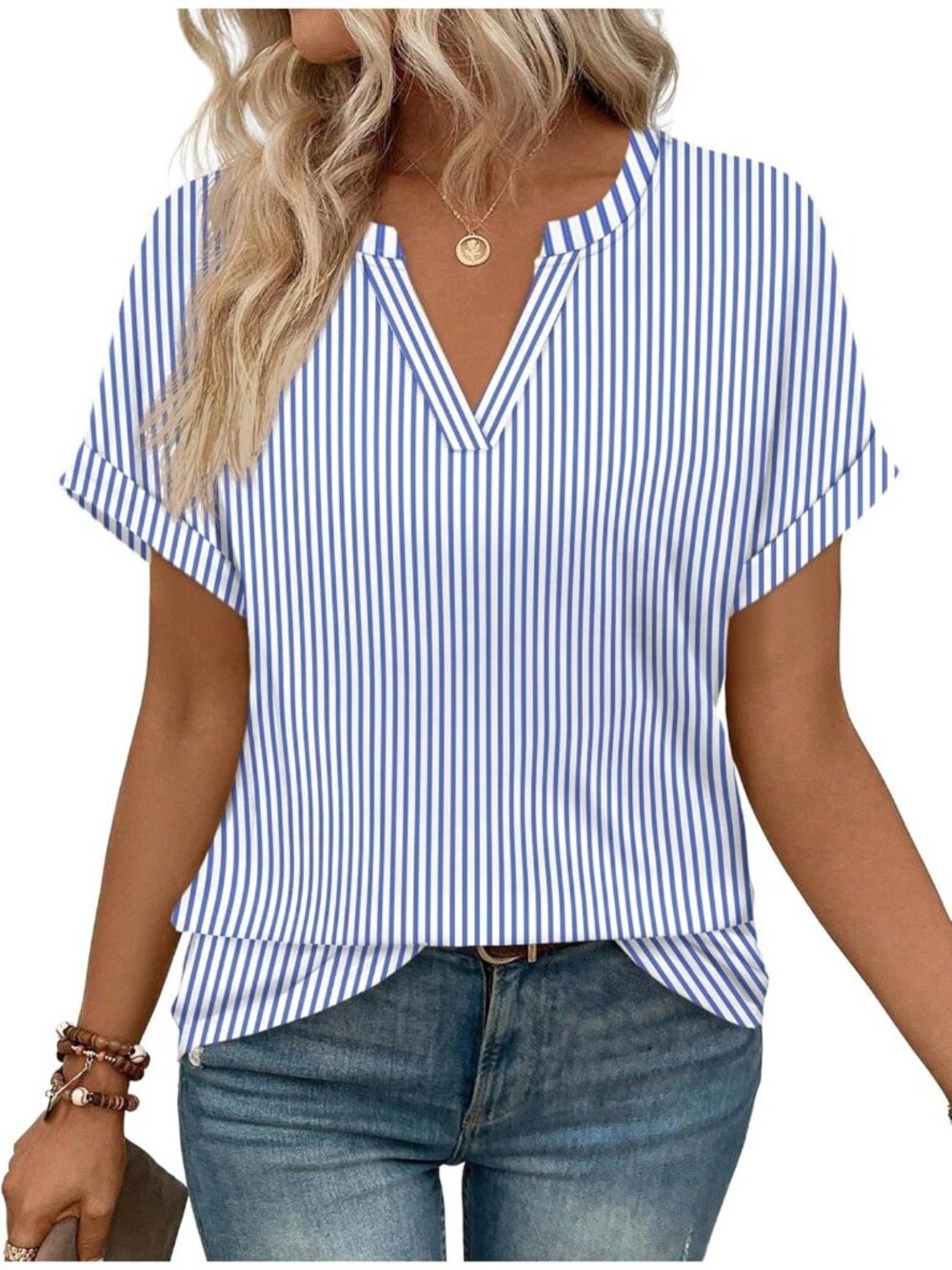 Women's T-Shirts Blue White V Neck Short Sleeve Casual Dressy Summer Comfort